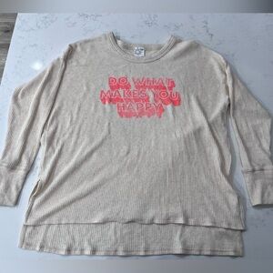 Beige Long Sleeve Tee with Pink Graphic